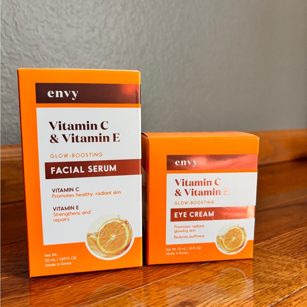 Envy vitamin C & E facial serum 50 ml. and eye cream 30 ml. glow boosting.